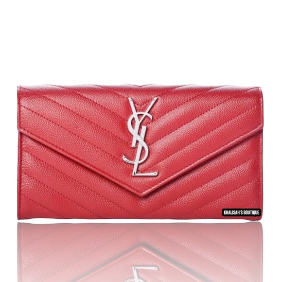 RARE & Auth YSL SAINT LAURENT Long Flap Wallet In Grain Embossed Leather in Red - Picture 12 of 15